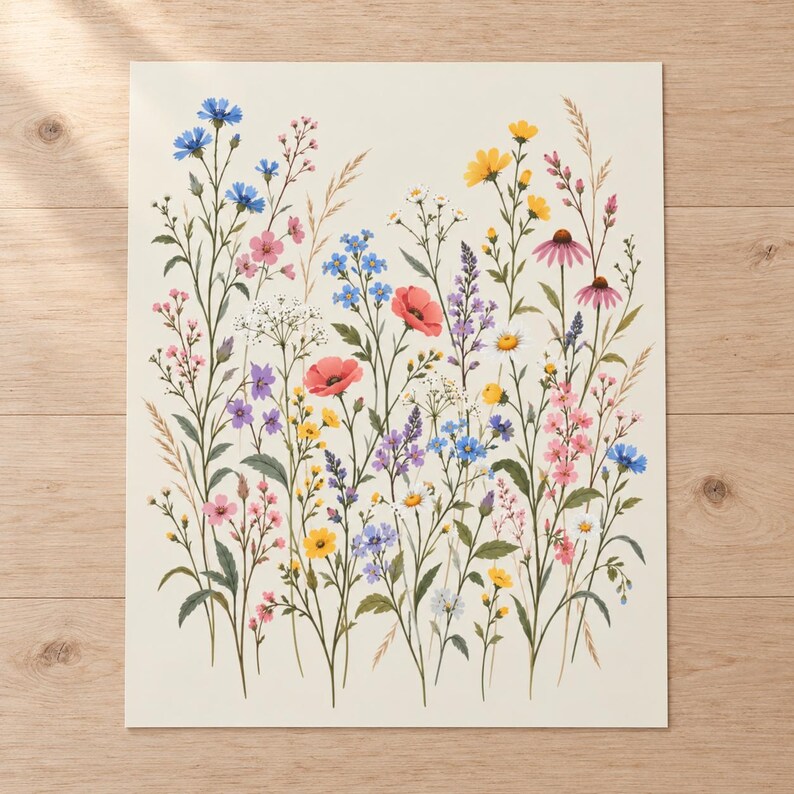 Wildflower Wall Art — Vintage Wildflower Meadow, Unframed Botanical Poster in Soft Pastel Colors image 4