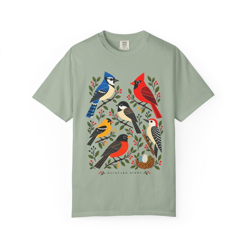 Camiseta para observadores de aves - Pájaros del jardín, camiseta colorida con estampado de aves de jardín, regalo para amantes de la naturaleza imagen 9