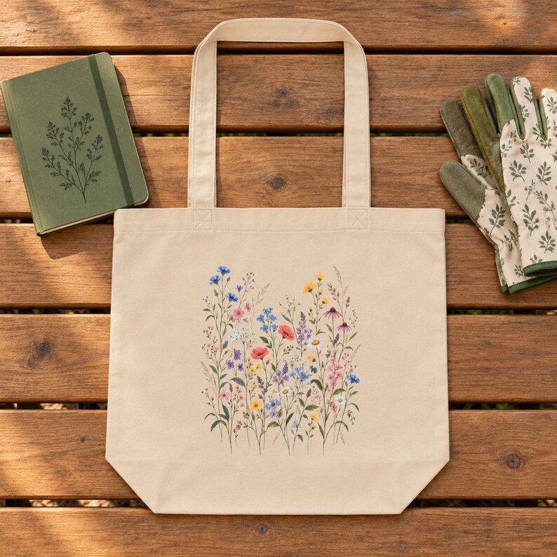 Wildflower Tote Bag for Books & Market Finds — Vintage Wildflower Meadow, Botanical Cotton Canvas Bag image 5