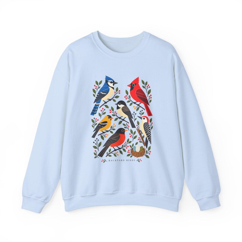 Backyard Birds Sweatshirt with Colorful Nature Art, Unisex Crewneck for Birdwatchers image 9
