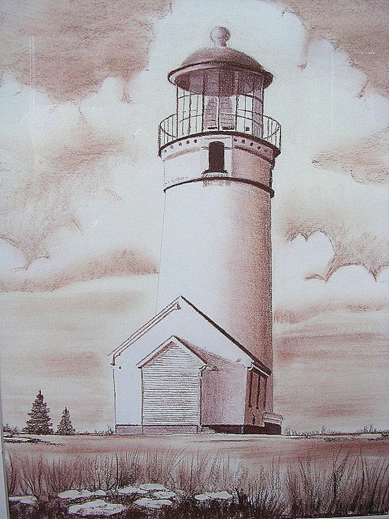 Lighthouse Sepia Original Pastel Drawing Etsy