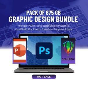Puede incluir: Un ordenador portátil con un fondo azul y un anuncio de un paquete de diseño gráfico. El anuncio presenta los logotipos de Photoshop, PowerPoint y CorelDRAW. El texto dice "PACK OF 675 GB GRAPHIC DESIGN BUNDLE Ultimate 675GB Graphic Design Bundle | Photoshop, CorelDRAW, After Effects, PowerPoint Templates & More! HOT SALE"