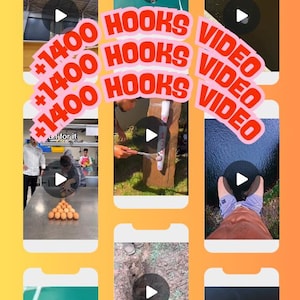 Può includere: Un collage di nove schermate di telefono che mostrano brevi video con pulsanti di riproduzione. Il testo "1400 HOOKS VIDEO" è ripetuto quattro volte in un cerchio rosa.