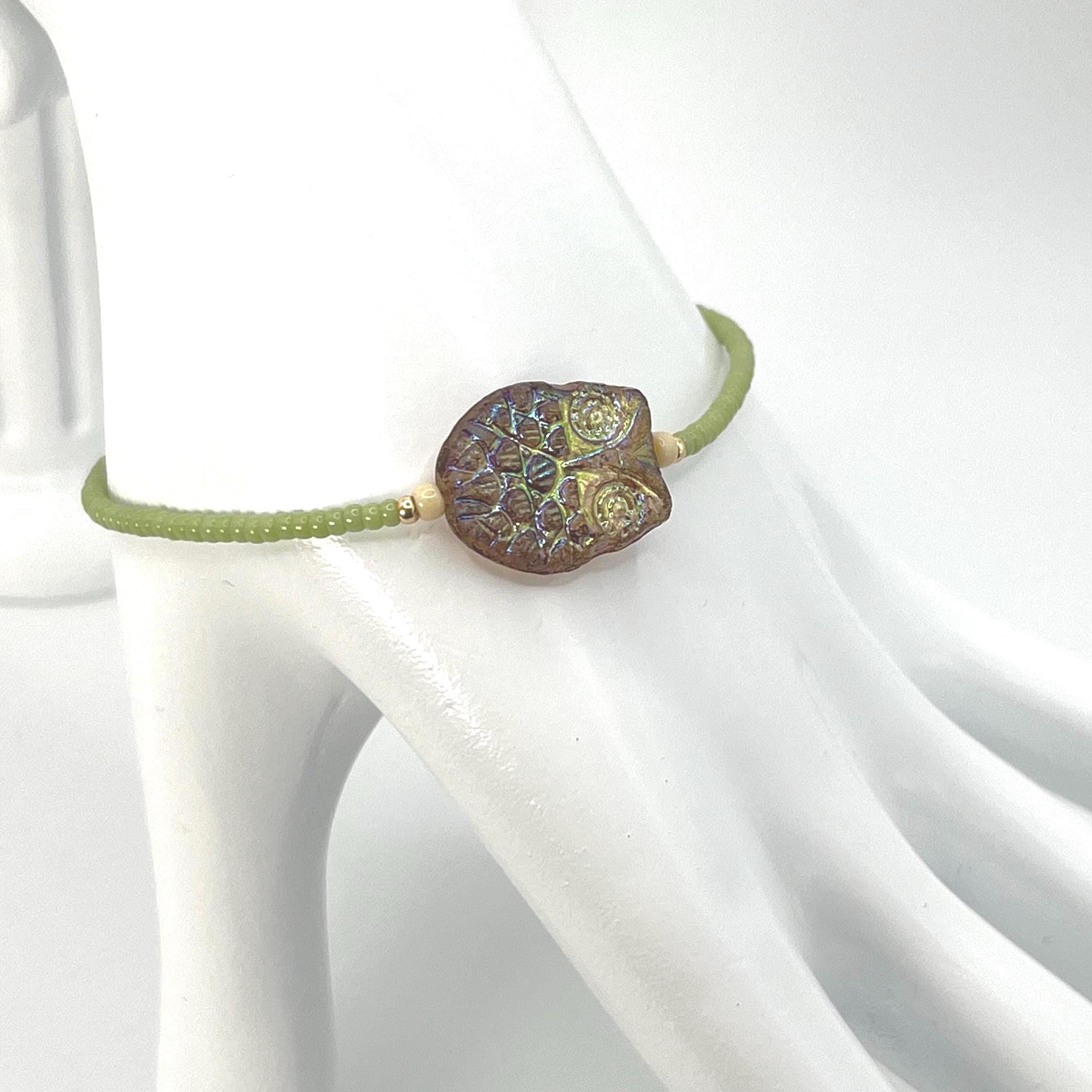 Owl  | Avocado Green Seed Bead Bracelet | One of a Kind | 7 inch