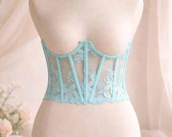 Turquoise Lace Underbust Corset, Sheer Mesh Corset, Floral Embroidery Corset Belt, Waist Cincher, Lingerie Corset, Bridal Lingerie