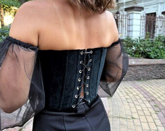 Romantic Off-Shoulder Velvet Corset with Floral Detail