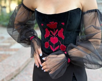 Velvet Corset Top: Tree of Life Appliqué, Sheer Sleeves - Gothic Festival Outfit