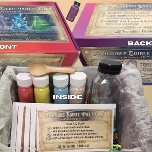 May include: An "Incredible Edible Potion Kit" with a wizard theme. The kit includes a box with front and back labels, small bottles of colorful liquids, and a wooden spoon. The box is red and purple.