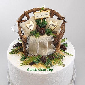 Rustic Barn Wedding Cake Topper Fits 6 Inch Cake Top Personalized Rustic Love Seat Wedding Date Sign Greenery Accents Burlap