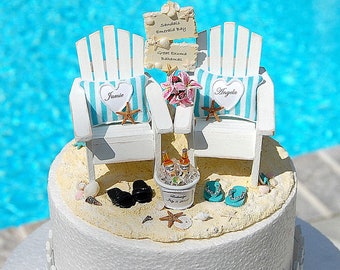 Beach Wedding Cake Topper Attached Base For 6 Inch Tier, Handmade Personalized Adirondacks, Beach Sign, Bouquet,Beverage, OOAK