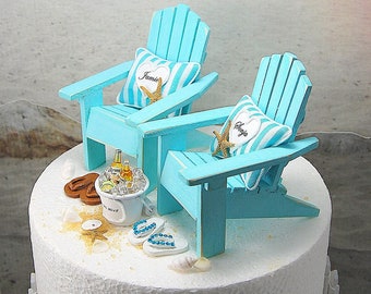 Beach Wedding Cake Topper Fits 6 Inch Tier Custom Wedding Colors Handmade Personalized Adirondack Chairs Bucket Flip Flops Shells Tropical