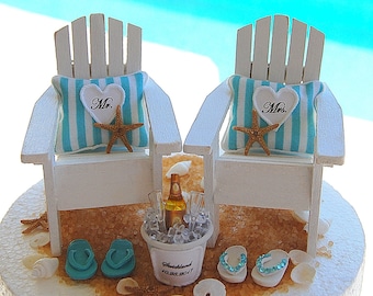 Beach Wedding Cake Topper Fits 6 Inch Tier Custom Color Handmade Personalized Adirondacks Bev. Bucket Flip Flops Shells Shower Wedding Gift