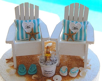 Beach Wedding Cake Topper: Adirondack Chairs Personalized Pillows Beverage Bucket Custom Colors Flip Flops Shells