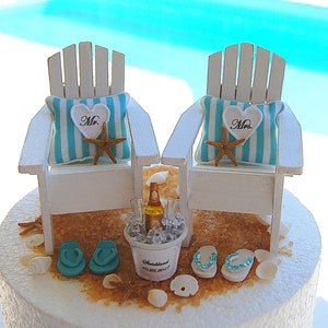 Wedding Cake Topper Beach Theme Handmade by Seller Personalized Chairs Custom Color Pillows Beverage Bucket Flip Flops Shells 6 Inch Tier