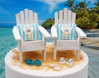 Beach Chairs Flip Flops Wedding Cake Topper Fits 6 Inch Tier Custom Color Mr. and Mrs. Pillows  Flip Flops Shells Handmade Wedding Gift