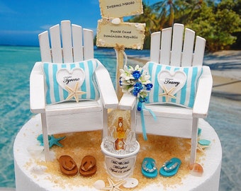 Beach Chairs Wedding Cake Topper For 6 inch cake top Wedding colors handmade personalized Sign bouquet beverage bucket flip flops shells