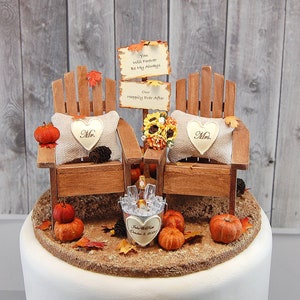 Fall Barn Rustic Wedding Cake Topper Base Attached Handmade Personalized Adirondack Mountain Chairs Custom Sign Bride Bouquet Champagne