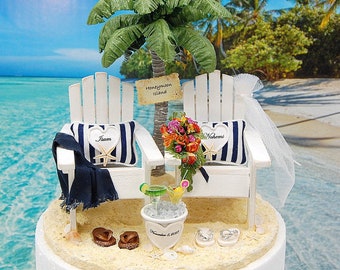 Beach Wedding Cake Topper For 6 inch tier, Base Attached Handmade Personalized Chairs Wedding colors Palm Tree Sign Beverage bouquet, more