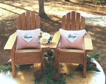 Rustic Barn Wedding Cake Topper for 6 Inch Cake Top Handmade Personalized Adirondack Chairs Wedding Colors Bouquet greenery mini pinecones