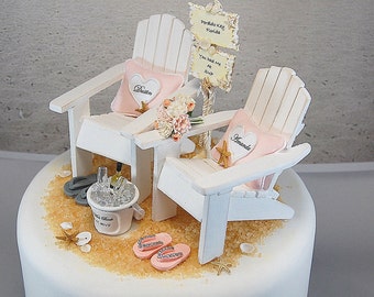 Beach Chairs Wedding Cake Topper For 6 inch cake top Wedding colors handmade personalized Sign bouquet beverage bucket flip flops shells