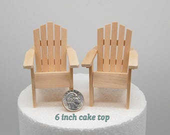 Miniature Adirondack Beach Chairs Set of 2 Artisan Handmade Natural Unfinished Wood Ready to Paint or Stain Wedding Cake Topper, Beach scene