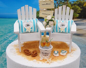 Beach Chairs Wedding Cake Topper For 6 inch cake top Wedding colors handmade personalized Sign bouquet beverage bucket flip flops shells