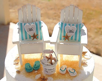 Beach Wedding Cake Topper Fits 6 Inch Tier Wedding Colors Personalized Artisan Handmade Adirondacks Bucket Flip Flops Shells Tropical