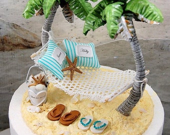 Fits 6 Inch Tier Beach Hammock Wedding Cake Topper with Base Custom Colors Handmade Personalized Tropical Hammock Shell Bucket Flip Flops