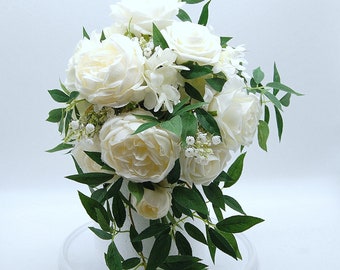 Bridal Bouquet Rustic Boho Tear drop Cascade White and Ivory Best Quality Roses Cabbage Roses Italian Ruscus
