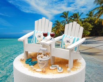 Beach Wedding Cake Topper For 6 inch tier Custom Colors Personalized Handmade Adirondacks Cocktails  Shell Bucket Flip Flops Wedding Gift