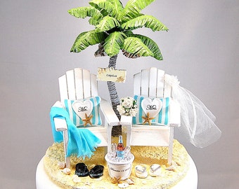 Artisan. Beach Wedding Cake Topper with Base Fits 6 Inch Tier Handmade Personalized Chairs Wedding Colors Palm Tree Sign Beverage Bouquet