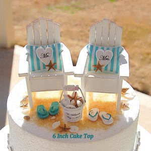 Wedding Cake Topper Beach Theme Fits 6 Inch or Larger Custom Color Personalized Handmade White Adirondacks Bucket Flip Flops Shells, No Base