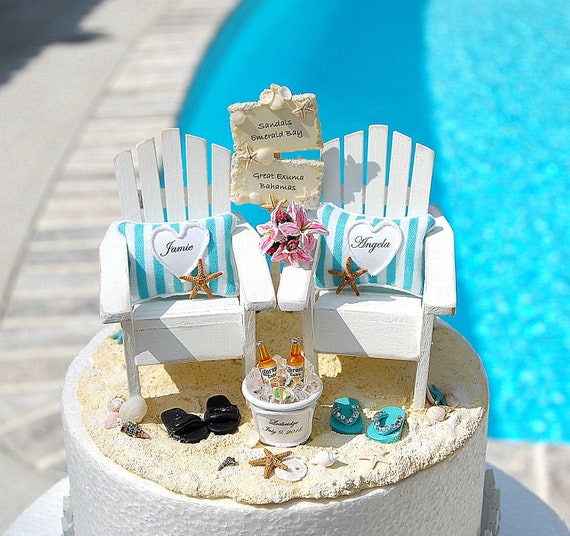 Wedding Cake Topper Beach Theme Custom Colors Base Fits 6 Inch Tier Handmade Personalized Adirondack Beach Chairs Wedding Sign Anniversary