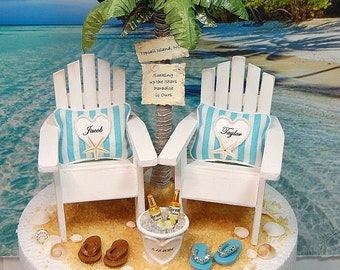Beach Wedding Cake Topper 6 Inch, Custom Personalized Handmade Adirondacks Palm Tree Sign Bucket, Flip Flops, Mini Shells, Custom Colors
