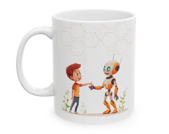 Taza de cerámica con diseño de niño y robot, taza caprichosa