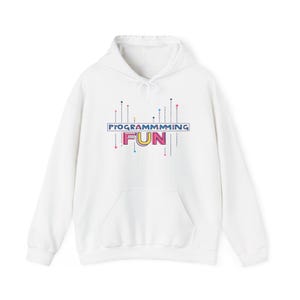 May include: White hoodie with a front pocket and a drawstring. The front displays the text "PROGRAMMMING FUN" in a colourful, retro design with vertical dotted lines and small dots.