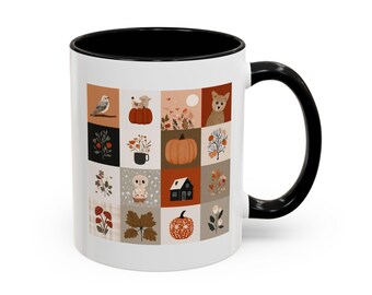 Taza de café con collage otoñal: acogedora decoración otoñal, taza de cerámica con detalles