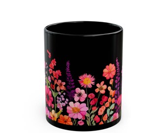 Taza de café negra con diseño floral colorido, taza de té
