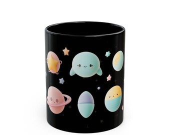 Taza negra con iconos del planeta, regalo para creativos (325 ml, 433 ml)