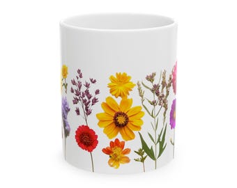Motif coloré de fleurs pressées dans des teintes vives, tasse en céramique (11 oz, 15 oz)