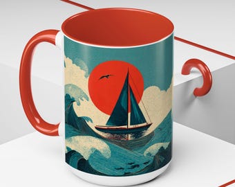 Taza de cerámica con olas del océano: taza de café con detalles de velero náutico