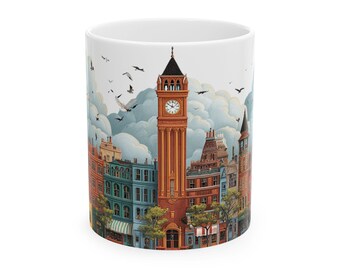 Taza de cerámica con diseño de Torre del Reloj de la Ciudad: Taza de café con paisaje urbano artístico