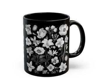 Mug floral noir : motif botanique en niveaux de gris (11 oz, 15 oz)