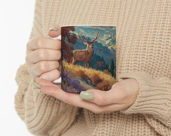 Taza de cerámica con ciervos otoñales - Taza de café rústica con paisaje de las Tierras Altas