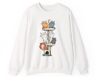 Sudadera de cuello redondo para amantes de los gatos: Whimsical Cat Tower Apparel