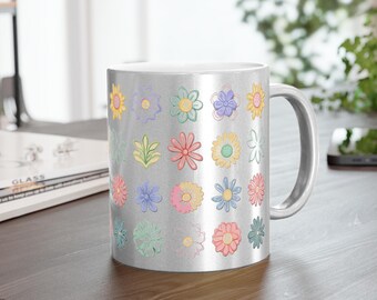 Taza de café metálica floral: diseño floral alegre