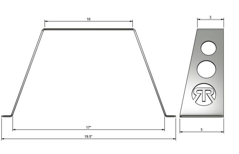Puede incluir: Un soporte met&aacute;lico con dimensiones en pulgadas. El soporte tiene forma trapezoidal con una parte superior de 25,4 cm y una base de 49,5 cm. Una vista lateral muestra una secci&oacute;n de 7,6 cm de ancho con tres recortes circulares y un logotipo.