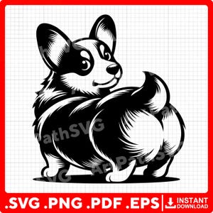 May include: Black and white graphic of a Corgi dog looking over its shoulder. The dog has a fluffy coat and a happy expression. The image is a digital design, with file type options listed at the bottom.