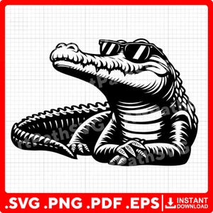 Op de afbeelding: Zwart-wit illustratie van een alligator met een zonnebril. De alligator bevindt zich in een ontspannen pose. De afbeelding bevat de tekst ".SVG .PNG .PDF .EPS" en "INSTANT DOWNLOAD".