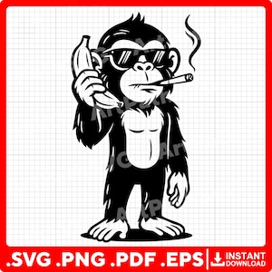 May include: Black and white illustration of a cool monkey wearing sunglasses and smoking a cigarette. The monkey is holding a banana. The image includes the text ".SVG .PNG .PDF .EPS" and "INSTANT DOWNLOAD".